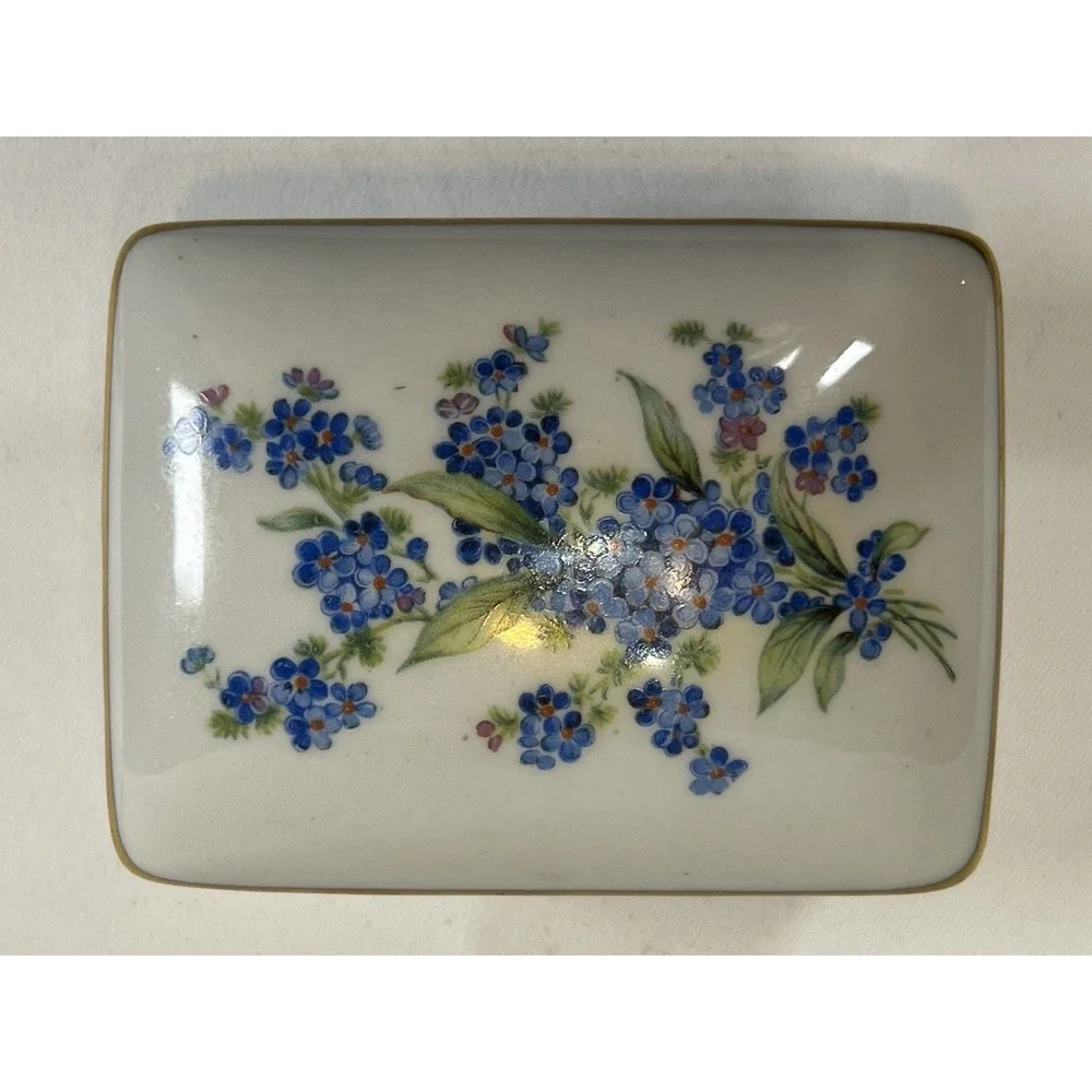 VNG porcelain trinket box and two matching trays Forget Me Not Floral Pattern